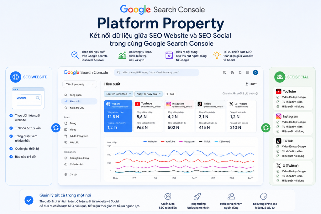 Google Search Console Platform Property: Theo Dõi TikTok, YouTube, Instagram & X 6 Platform Property giúp kết nối dữ liệu giữa SEO Website và SEO Social trong cùng Google Search Console.