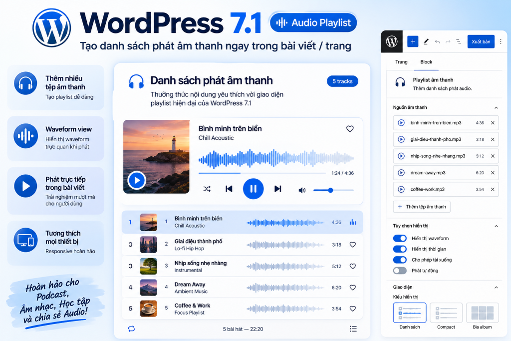 WordPress 7.1 bổ sung playlist audio với tùy chọn hiển thị waveform.