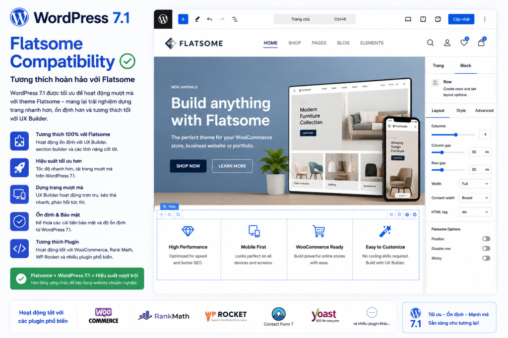 Website sử dụng Flatsome nên kiểm tra khả năng tương thích theme và plugin trước khi cập nhật WordPress 7.1.