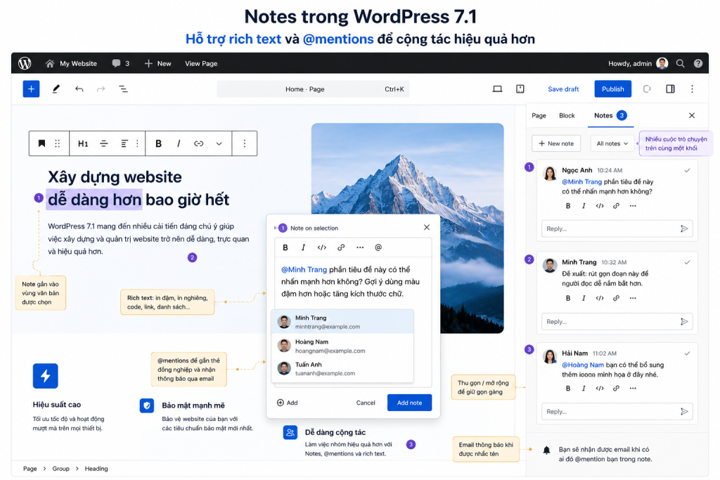 Notes trong WordPress 7.1 hỗ trợ rich text và @mentions để cộng tác hiệu quả hơn.