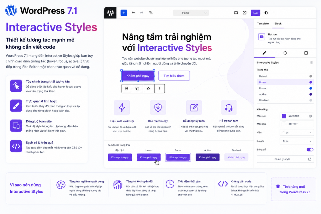 WordPress 7.1 cho phép thiết lập trạng thái hover, focus và active trực tiếp trong editor.