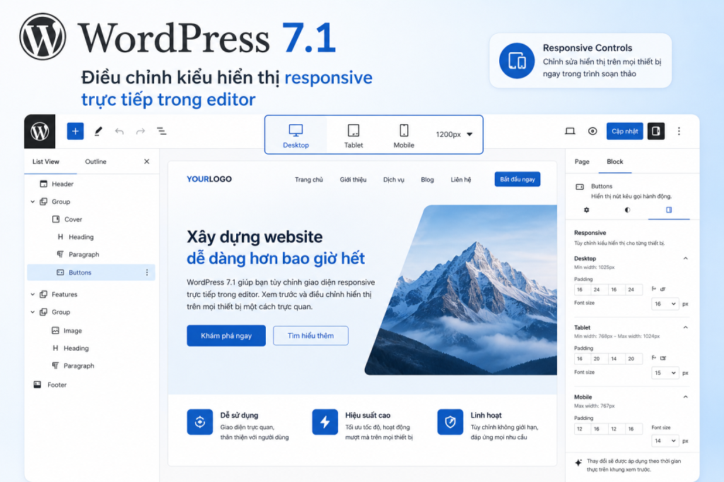 WordPress 7.1 cho phép điều chỉnh kiểu hiển thị responsive trực tiếp trong editor.