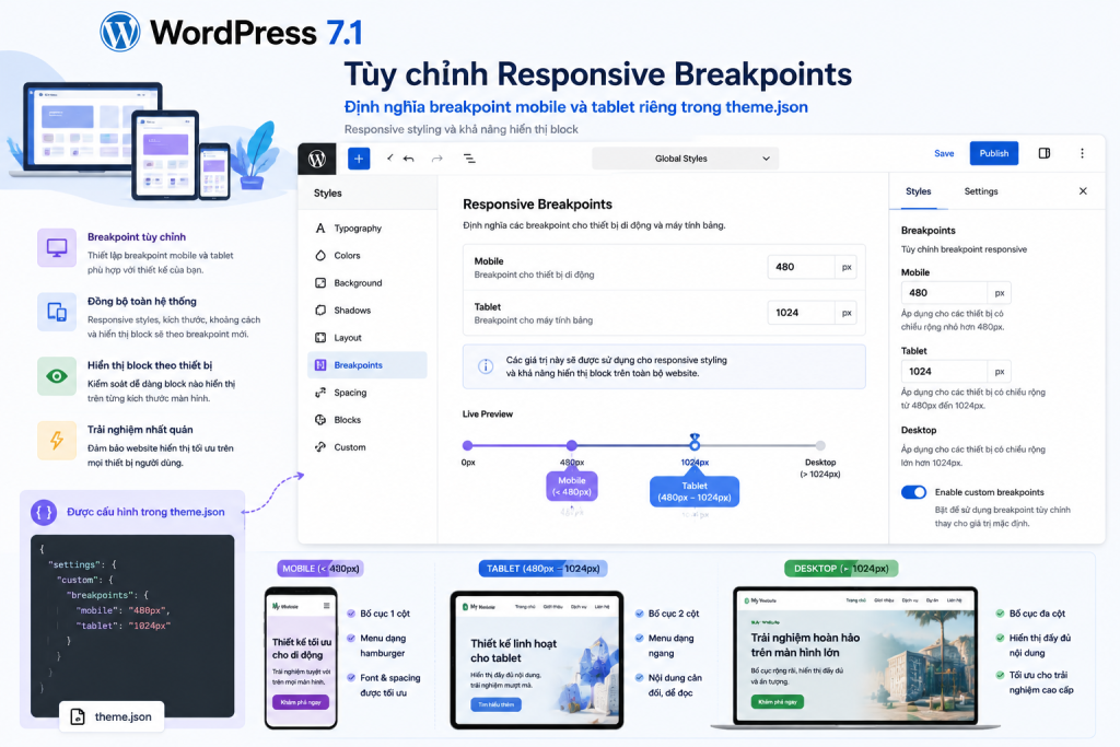Theme có thể định nghĩa breakpoint responsive riêng cho mobile và tablet thông qua theme.json.