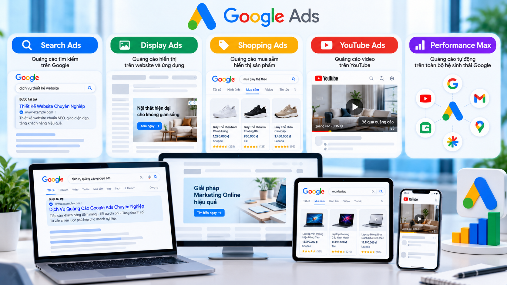 Các hình thức quảng cáo Google Ads phổ biến gồm Search Ads, Display Ads, Shopping Ads, YouTube Ads và Performance Max.