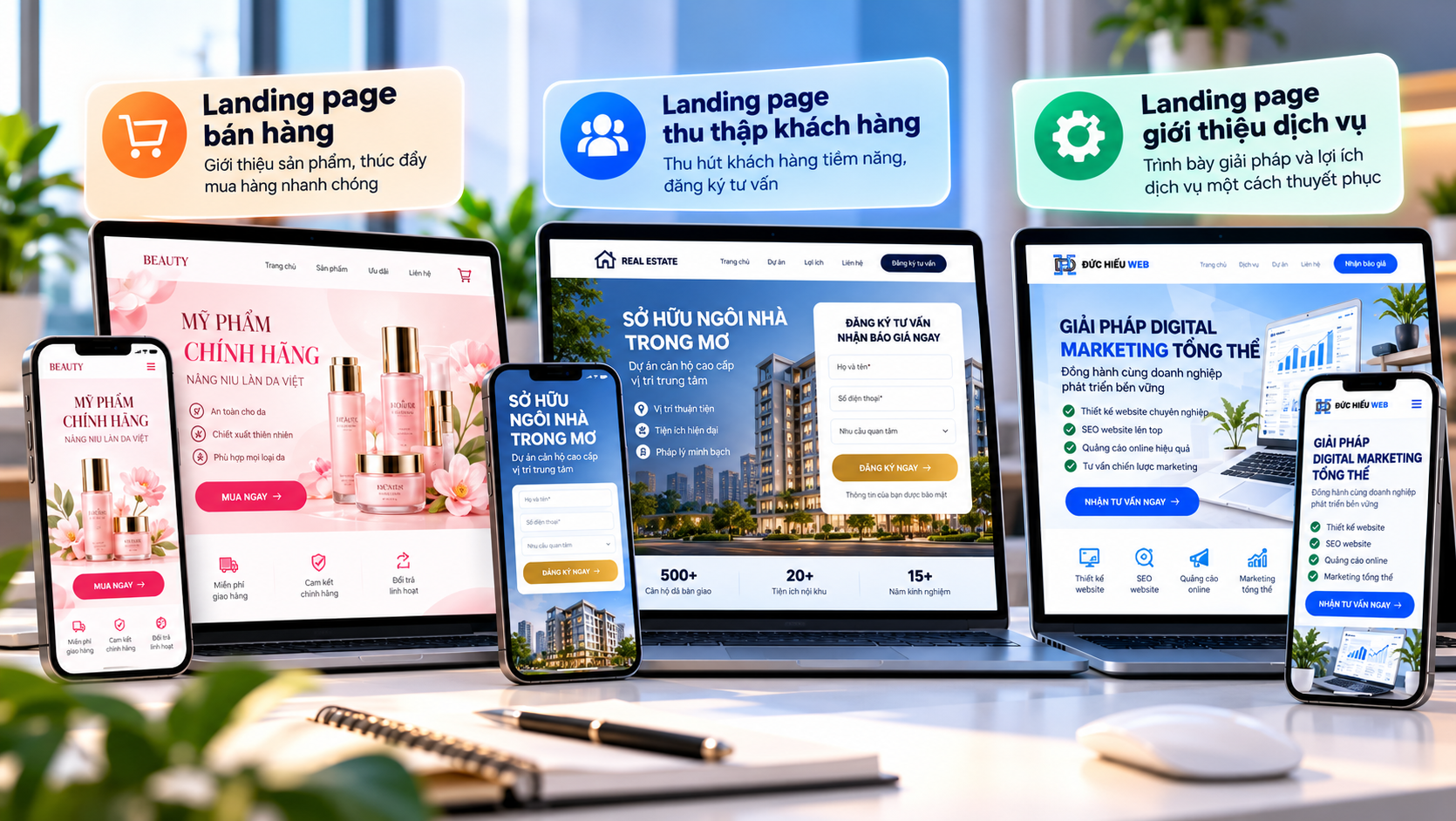 Thiết Kế Landing Page Đẹp, Tối Ưu Chuyển Đổi – Đức Hiếu Web 4 Các mẫu landing page bán hàng, thu thập thông tin và giới thiệu dịch vụ được thiết kế theo từng mục tiêu kinh doanh.