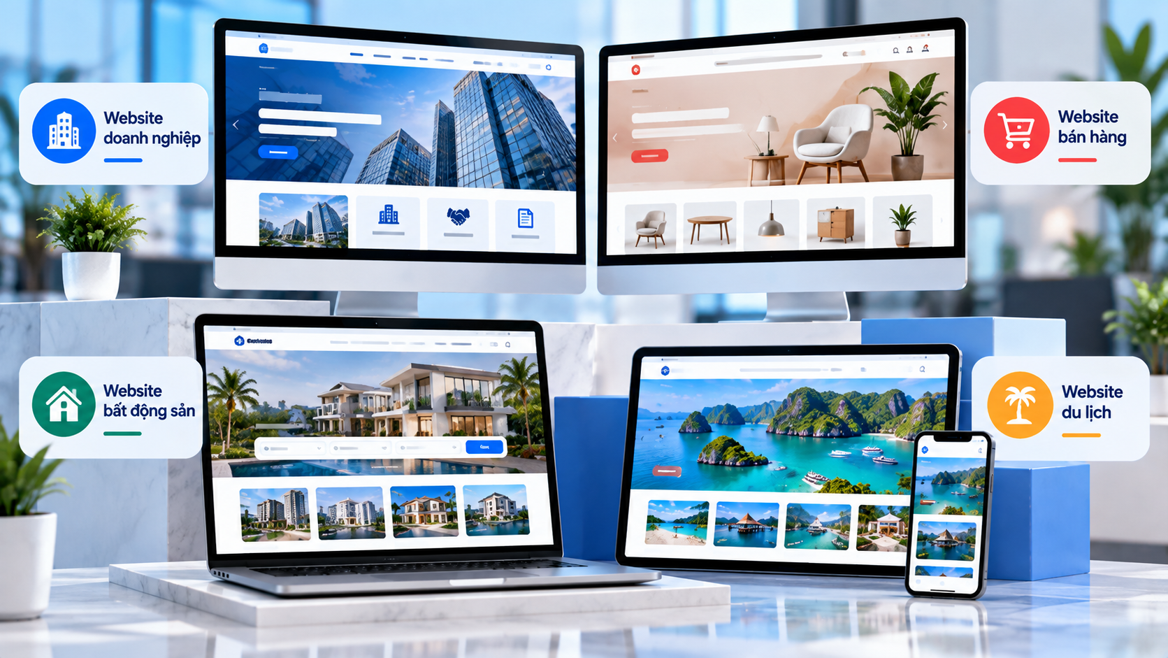 Các mẫu website doanh nghiệp, bán hàng, du lịch, bất động sản và giáo dục được thiết kế theo nhu cầu kinh doanh tại Quảng Trị.
