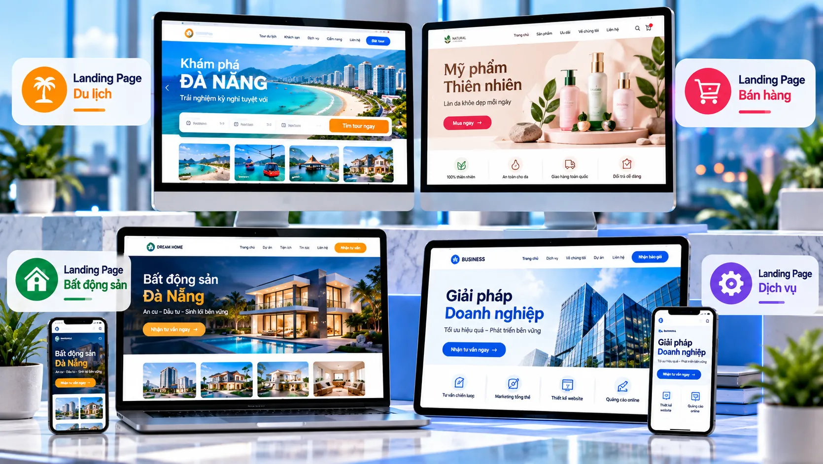 Thiết Kế Landing Page Tại Đà Nẵng Chuẩn SEO | Đức Hiếu Web 5 Các mẫu landing page bán hàng, du lịch, bất động sản và giới thiệu dịch vụ phù hợp với nhiều lĩnh vực kinh doanh tại Đà Nẵng.