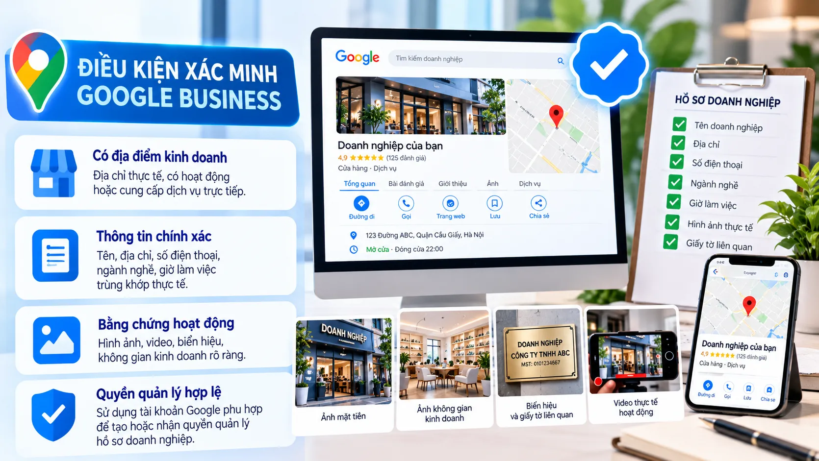 Doanh nghiệp cần chuẩn bị thông tin chính xác và bằng chứng hoạt động phù hợp trước khi xác minh Google Business.