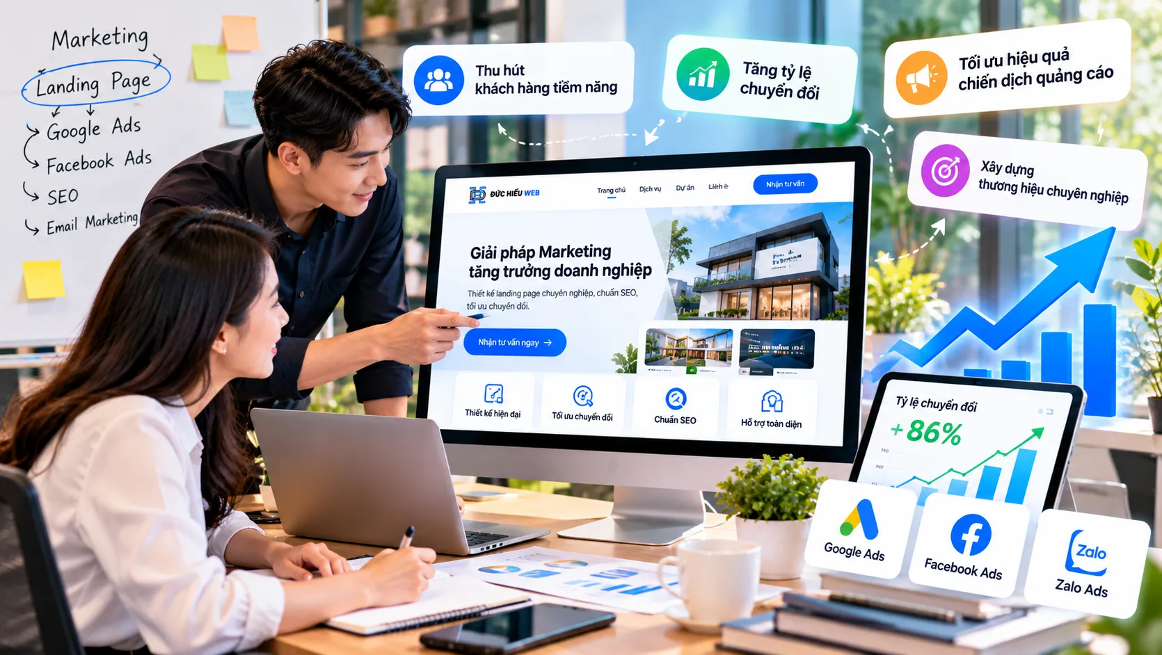 Thiết Kế Landing Page Tại Đà Nẵng Chuẩn SEO | Đức Hiếu Web 4 Landing page hỗ trợ doanh nghiệp thu hút khách hàng tiềm năng và nâng cao hiệu quả chiến dịch marketing.