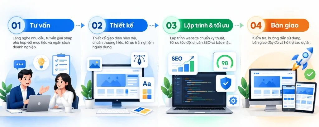 Quy trình thiết kế website được triển khai từ tư vấn, thiết kế đến lập trình, kiểm tra và bàn giao.