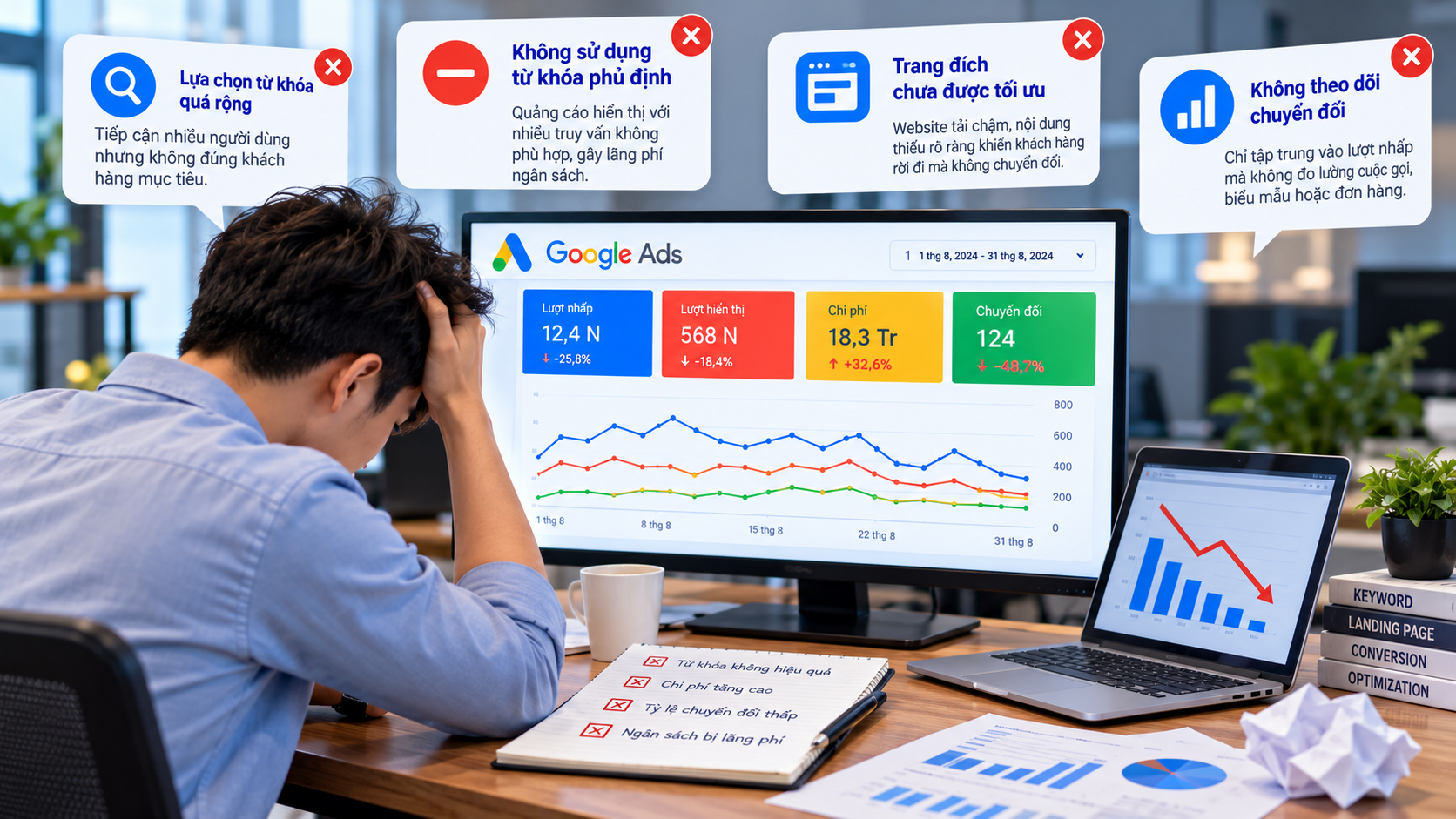 Những sai lầm khi chạy quảng cáo Google Ads có thể khiến doanh nghiệp tiêu tốn ngân sách nhưng chưa đạt mục tiêu chuyển đổi.