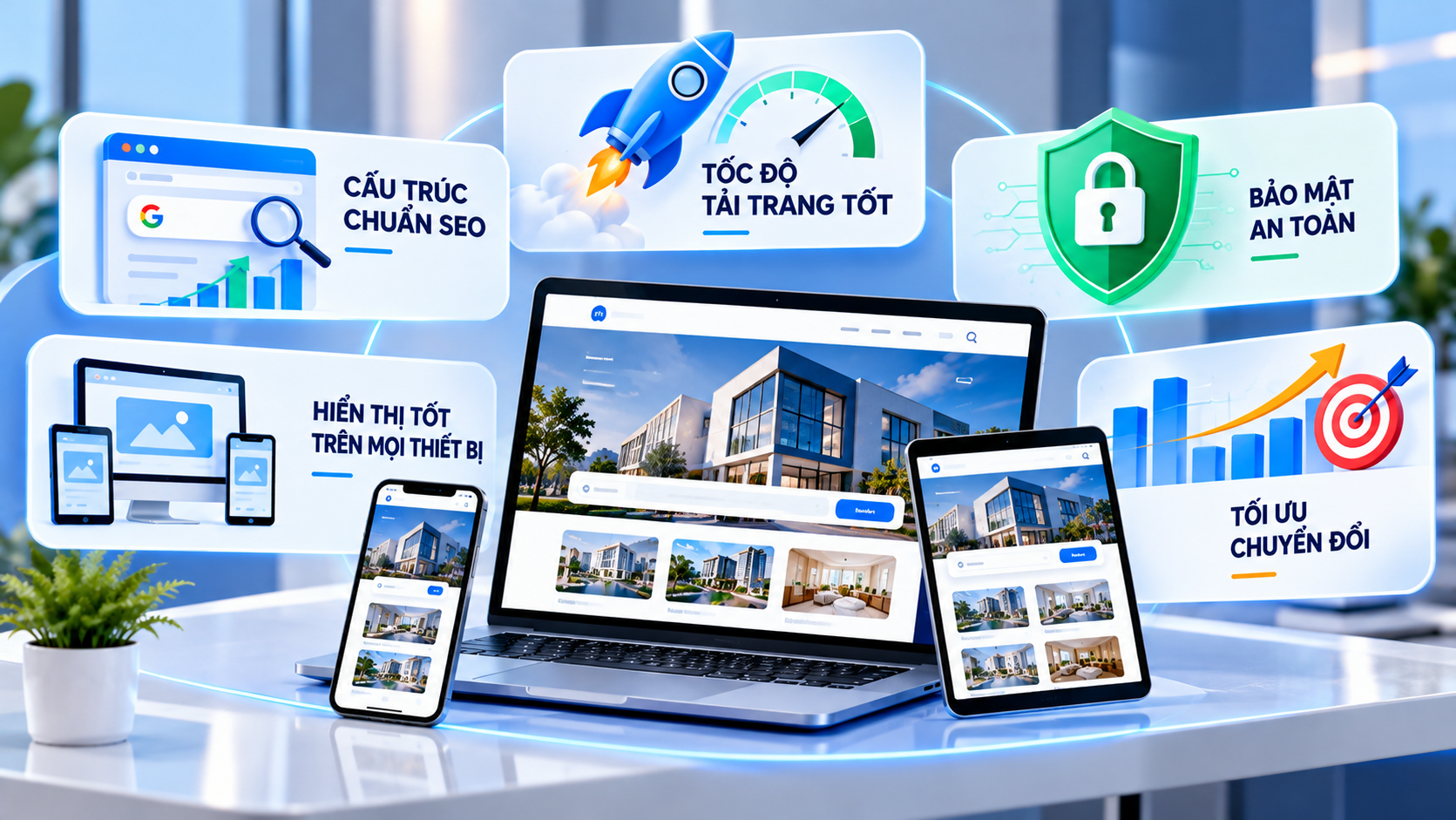 Website chuyên nghiệp cần có giao diện đẹp, tốc độ tải tốt, bảo mật, Responsive và cấu trúc chuẩn SEO.