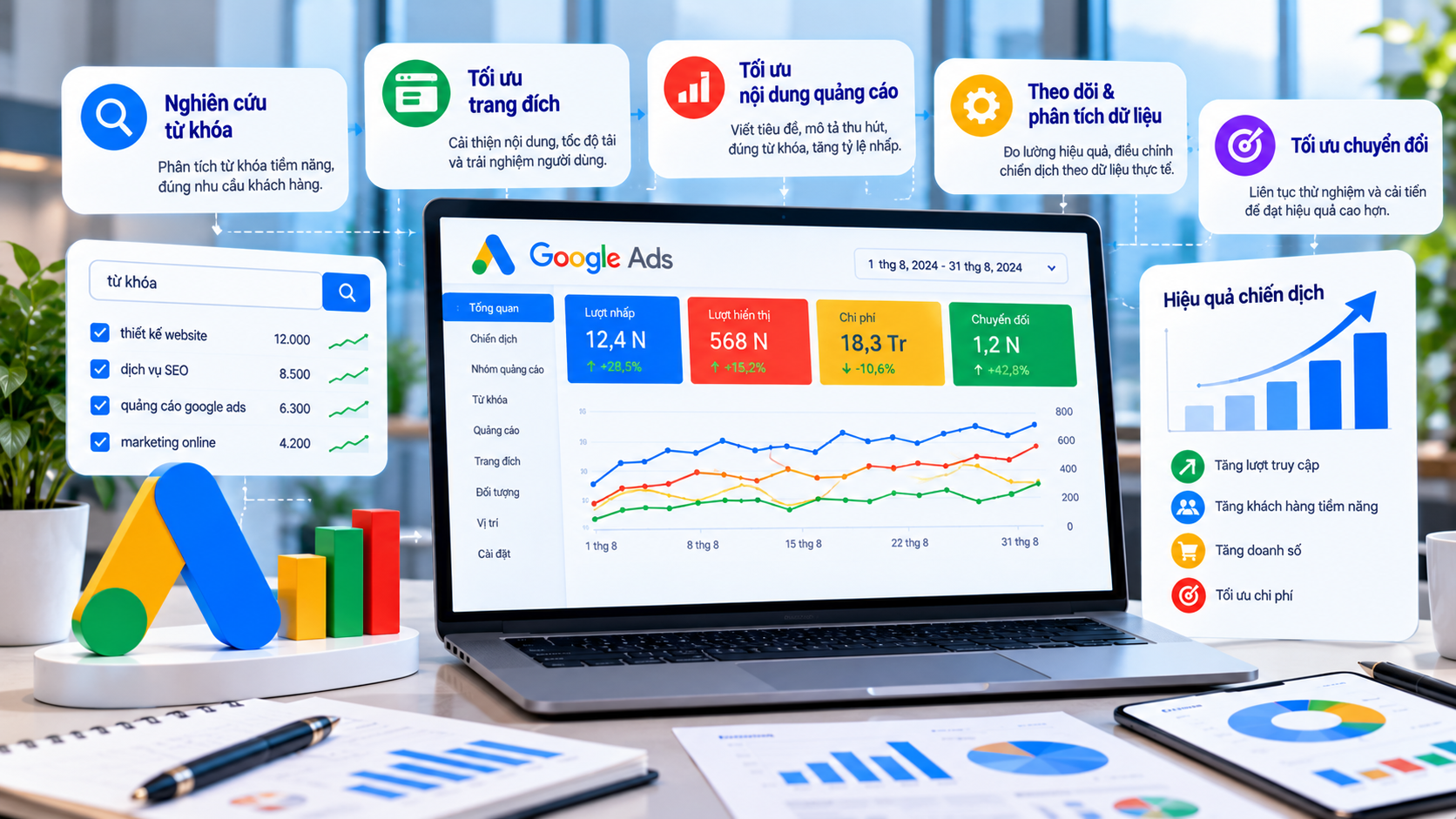 Tối ưu chiến dịch Google Ads thông qua nghiên cứu từ khóa, cải thiện trang đích và phân tích dữ liệu chuyển đổi.