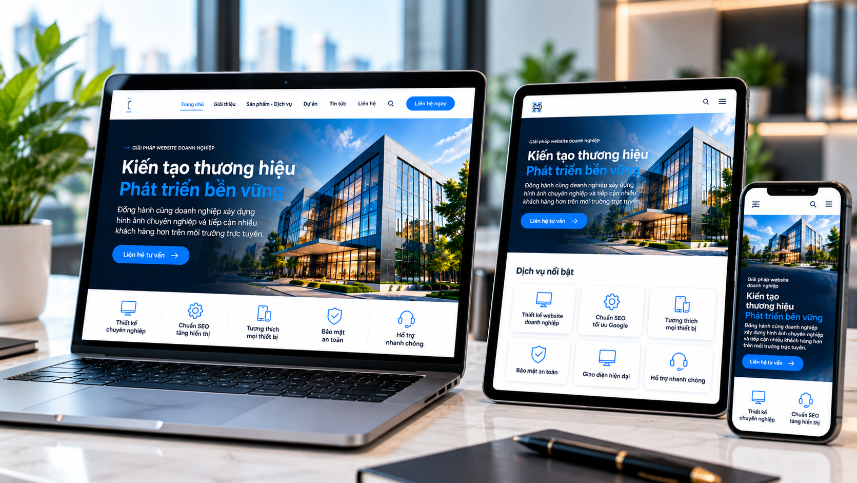 Website giới thiệu công ty được thiết kế Responsive, hiển thị phù hợp trên máy tính, máy tính bảng và điện thoại.